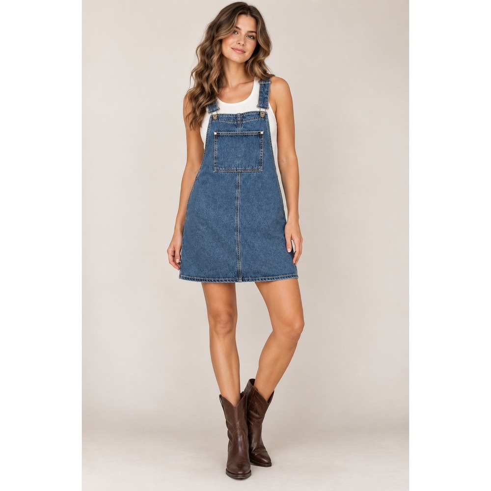 Western Cowgirl Denim Jumper Mini Dress Medium Wash Small Cotton